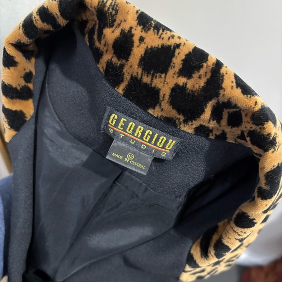 80s Vintage Black Velvet Leopard Print Trim Suit Blazer Jacket Size 12 Buttons - Picture 9 of 9